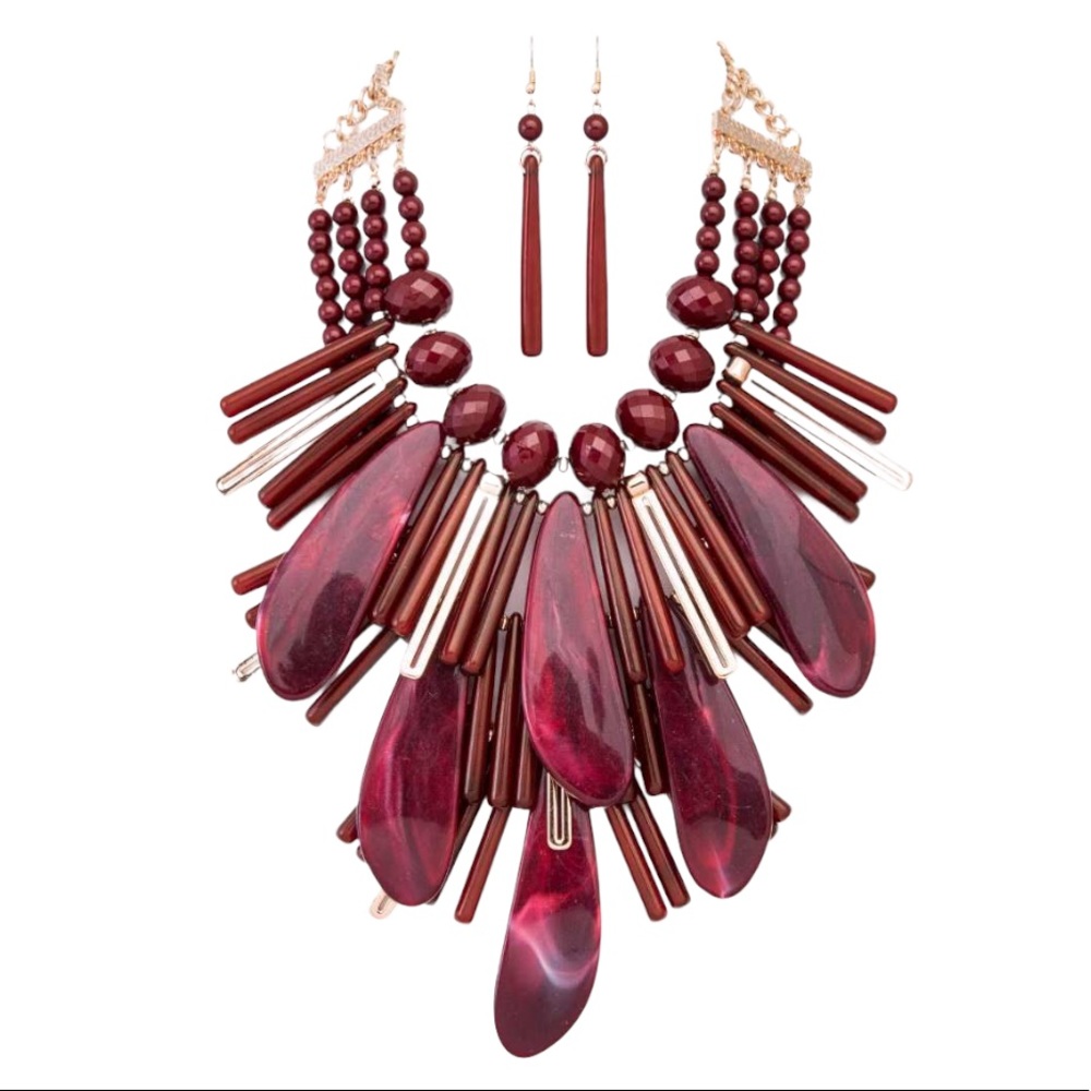 Gold & Burgundy Mix Marbled Resin Statement Necklace - Picture 2 of 3